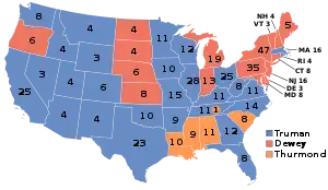 Kort over, hvem, der har vundet hvilke stater (blå=Truman, rød=Dewey, orange=Thurmond)