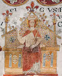 Erik Plovpenning fremstillet på kalkmaleri i Sankt Bendts Kirke i Ringsted (ca. 1300)