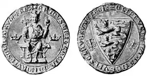 Erik 6. Menveds segl (konge 1286-1319). De to ørne symboliserer hans moder, Agnes af Brandenburg.