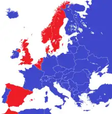 Monarkier i Europa (angivet med rødt) i 1815 (t.v.) og monarkier i dag (t.h.)