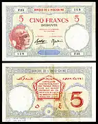 Historisk 5 franc-seddel udstedt af Banque de l'Indochine i 1943