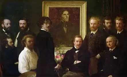 Henri Fantin-Latour:Hommage à Delacroix, 'Hyldest til Delacroix' 1864.(Manet stående ved den lyse, højre ramme, se:)