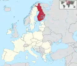  Finlands placering  (rød)– på det europæiske kontinent  (cremefarvet og grå)– i den Europæiske Union  (cremefarvet)  –  [Forklaring]