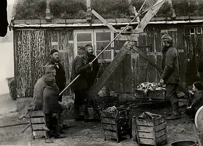 Salg af fisk i Viderejde. 1898. Fisken transporteres i rygkurve, 'leypar'