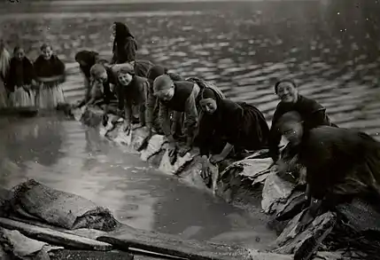 Kvinder skurer fisk i et muret bassin ved havnen i Vestmanna. 1898