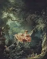 Gyngen (eller måske "En gyngeturs serendipitet", fr. "Les hasards heureux de l'escarpolette") af Jean-Honoré Fragonard, 1767. Olie på lærred, 81×64 cm. Wallace Collection, London