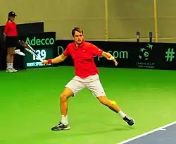 Frederik Løchte Nielsen i kamp mod Viktor Durasovic i forbindelse med Davis Cup-kampen mod Norge i april 2017.