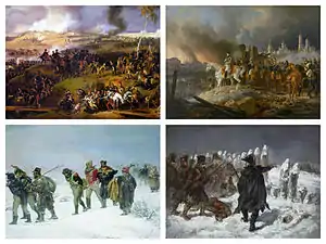 Med uret fra øverste venstre: 
* Slaget ved Borodino af Louis-François Lejeune
* Napoleon overværer Moskvas nedbrænding af Albrecht Adam
* Michel Ney under slaget om Kaunas af Auguste Raffet
* Det franske tilbagtog af Illarion Pryanisjnikov