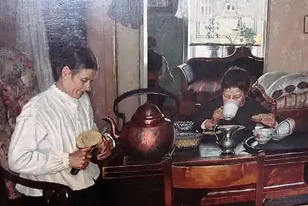 Frokost I (1882) skildrer Wentzels eget hjemmemiljø.