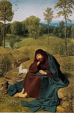 Geertgen tot Sint Jans: Johannes in der Wüste, ca. 1490, 42 × 28 cm, Gemäldegalerie Berlin