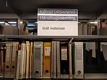 Dele af en bibliotekshylde, hvoraf to hylder er afbilledet. Der er ingen bøger på den øverste hylde, men et skilt med teksten "kønsforskning – håndbogssamling – gråt materiale". På den nederste hylde står en række mapper og ringbind.