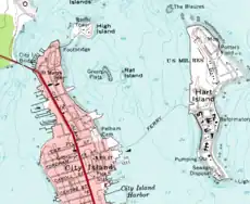 Kort fra 1966 der viser øens placering øst for City Island