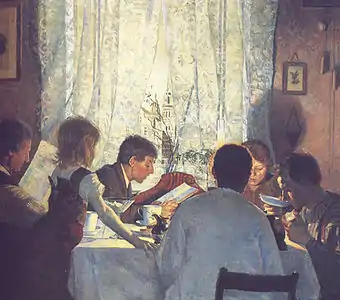 Frokost II, eller Morgenstemning (1885). Her spiller lyset større rolle end lokalfarverne på det første