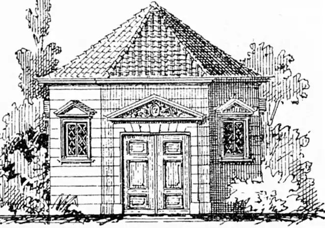 Samme kapel efter en tegning af Julius Faulwasser, 1855-1944, (de) : Det ottekantede kapel St. Jacobi kirkegård foran den tidligere byport 'Steintor', stenport (de)