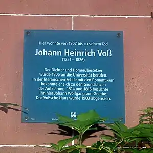 Mindetavle for Voss i Heidelberg (i dag Friedrich-Ebert-Grundschule)