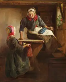 Bondestue med pige, der fremviser kyllinger i en kurv, 1860