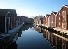 Huse ved havnen i Hudiksvall.