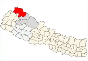 Humla District i Karnali Zone (grå) i Mid-Western Development Region (grå + lysegrå)