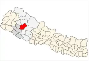 Jajarkot District i Bheri Zone (grå) i Mid-Western Development Region (grå + lysegrå)