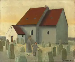 Kvinde og barn på kirkegård