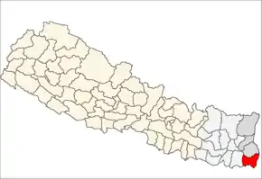 Jhapa District i Mechi Zone (grå) i Eastern Development Region (grå + lysegrå)