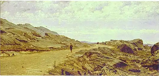 Klippelandskab i Bohuslän, 1882-83. En grusvej snor sig mellem klipperne, en dreng kommer gående uden sko. I baggrunden en hest med vogn