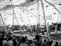Interiør fra John Robinson's Circus' telt, et amerikansk three-ring show med tre maneger, 1929. Bemærk at der er to rækker stormstænger for at stabilisere det store telt.