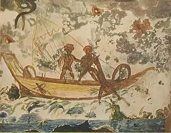 Jonas kastes over bord for at tilbringe tre dage i fiskens bug, Jonas' Bog 2,1