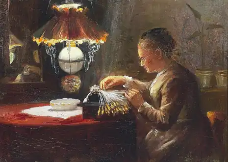 Ida Hamann ved kniplebrædtet. (Ml. 1860 og 1916)