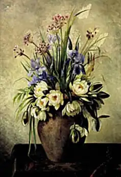 Opstilling med sommerblomster, åkander og iris i vase, 1899