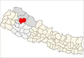 Jumla District i Karnali Zone (grå) i Mid-Western Development Region (grå + lysegrå)