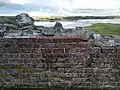 Kalø slotsruins mur. I baggrunden ses tangen, der forbinder Kalø med fastlandet.