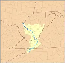 Map of the Kanawha River og dens tilløb New River, med Kanawha River fremhævet.