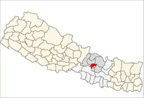 Kathmandu District i Bagmati Zone (grå) i Central Development Region (grå + lysegrå)