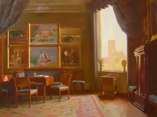 Fra kunstnerens dagligstue, på væggen Sindings egne malerier, 1944