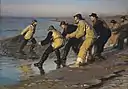 P.S. Krøyer, Fiskere trækker vod på Skagen Nordstrand. Sildig eftermiddag, 1883, Skagens Museum