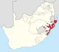 Placering af KwaZulu (rød) i Sydafrika (gul)