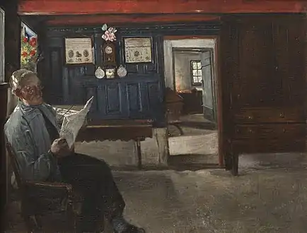 Interiør med avislæsende bondemand, 1911