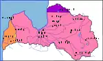 6. marts 1919: Efter et Sovjetisk angreb var det meste af Letland under kontrol af bolshevikkerne (pink)