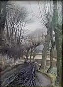 L.A. Ring: Opkørt vej med Piletræer ved Høje Taastrup (1908). Inde til venstre for vejen ligger præstegårdshaven