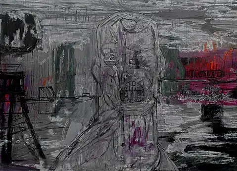 Nattevagt. Modsætninger bryder frem i landskaber omkring Guantanamo. Cuba, 2006. 210x280 cm. Acryl på lærred