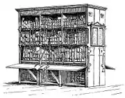 Bogreol med lænkede bøger i Hereford Cathedral Library.