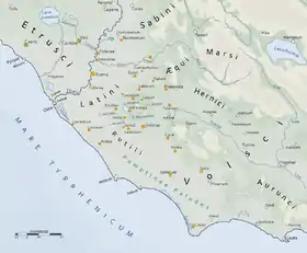 Kort over de vigtigste byer i Det Latinske Forbund