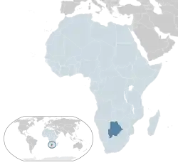 Botswanas placering (mørkeblåt)- i Afrika (lyseblåt og mørkegråt)- i Afrikanske Union (lyseblåt)