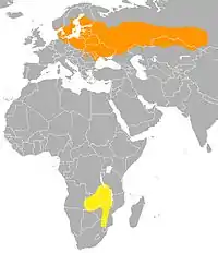 Udbredelse af  Luscinia luscinia. Orange: Ynglekvarter , gul: vinterkvarter.
