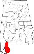 Kort over Alabama med Baldwin County markeret