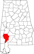Kort over Alabama med Clarke County markeret