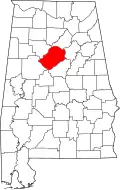 Kort over Alabama med Jefferson County markeret