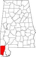 Kort over Alabama med Mobile County markeret