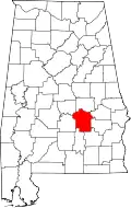 Kort over Alabama med Montgomery County markeret